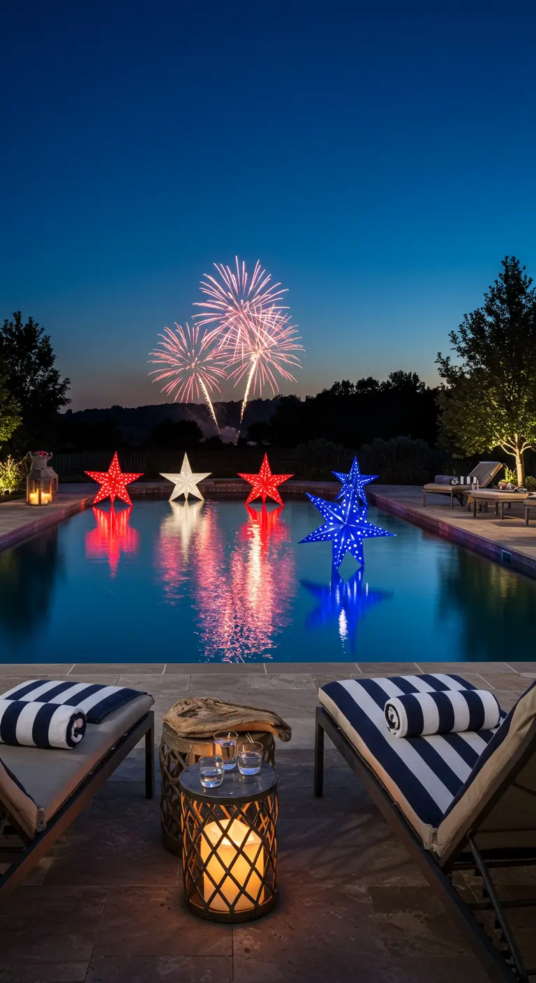 A swimming pool at night with large, illuminated red, white, and blue stars floating in it.