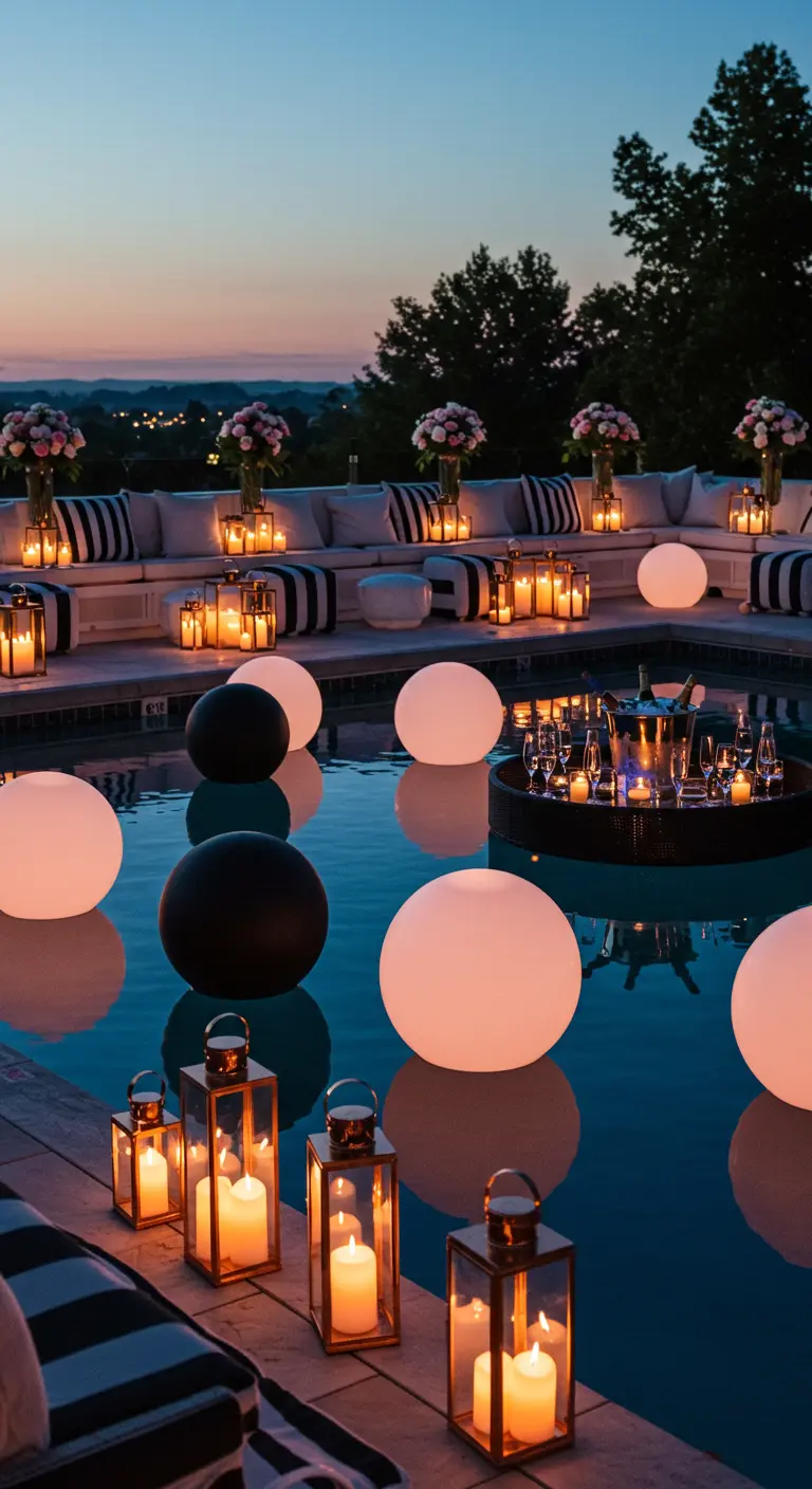 Poolside lounge at dusk with floating glowing orbs, lanterns, and striped cushions.