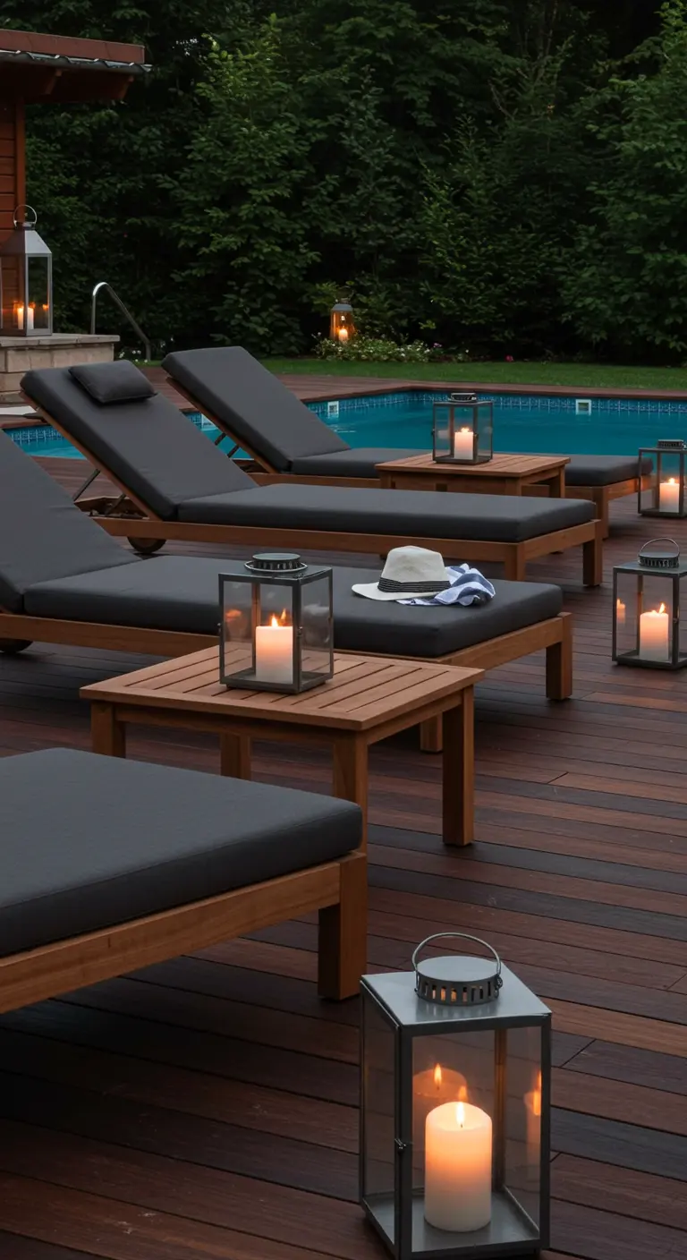 Wooden poolside loungers with dark cushions and lanterns arranged on the deck.