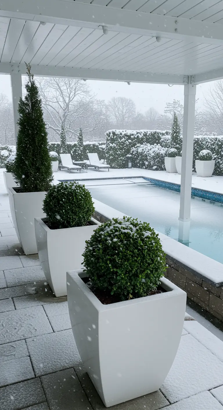 Tall white planters with evergreen shrubs lining a snow-covered swimming pool patio.