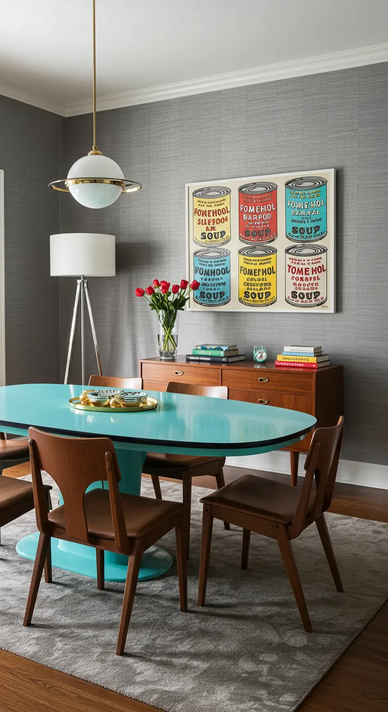 Dining room with a large Andy Warhol soup can print over a credenza and a teal table.