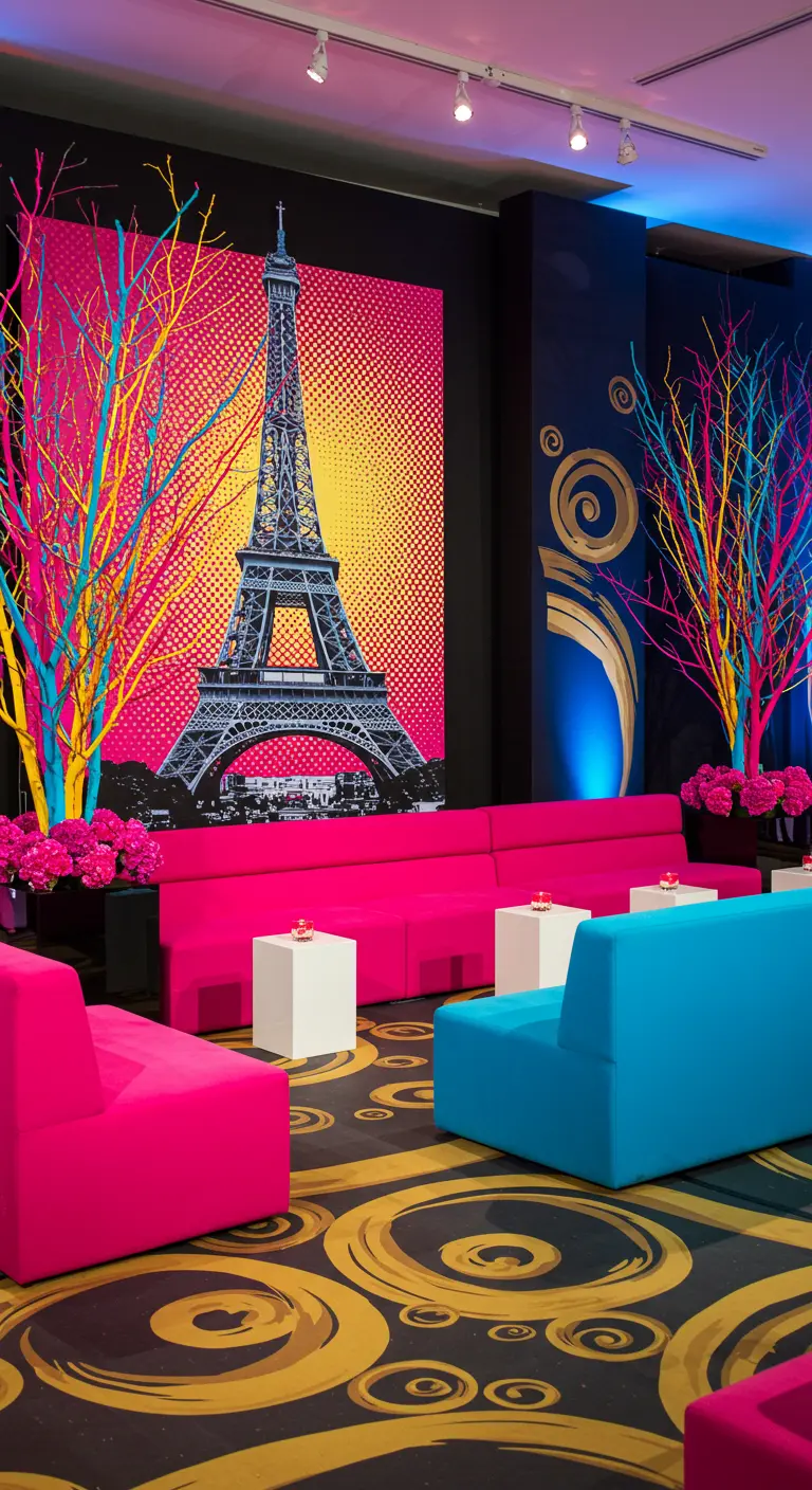 A modern lounge with bright pink and blue furniture and a large pop-art print of the Eiffel Tower