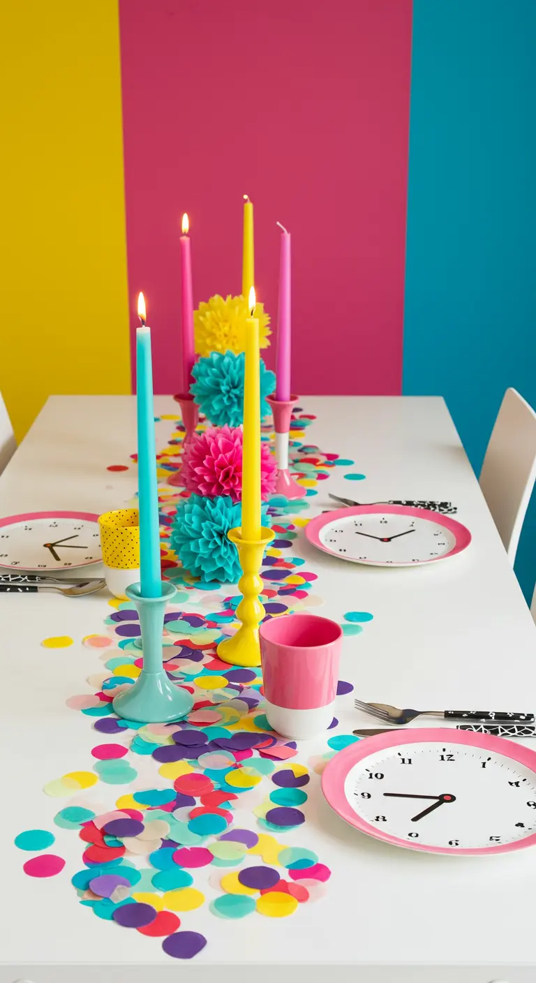 A colorful NYE table with bright confetti, neon candles, and paper pom-pom centerpieces.