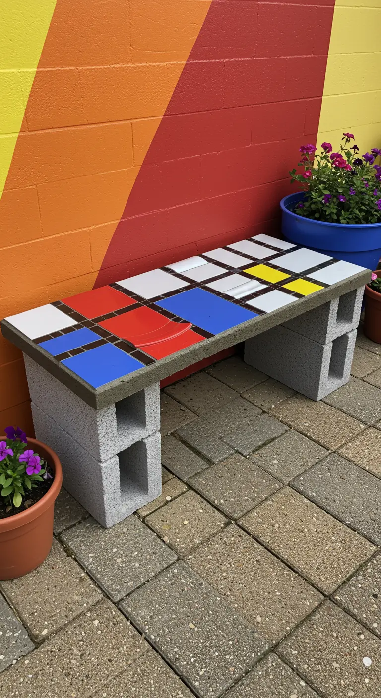 A cinder block bench with a mosaic top inspired by Mondrian, using red, blue, yellow, and white squares.