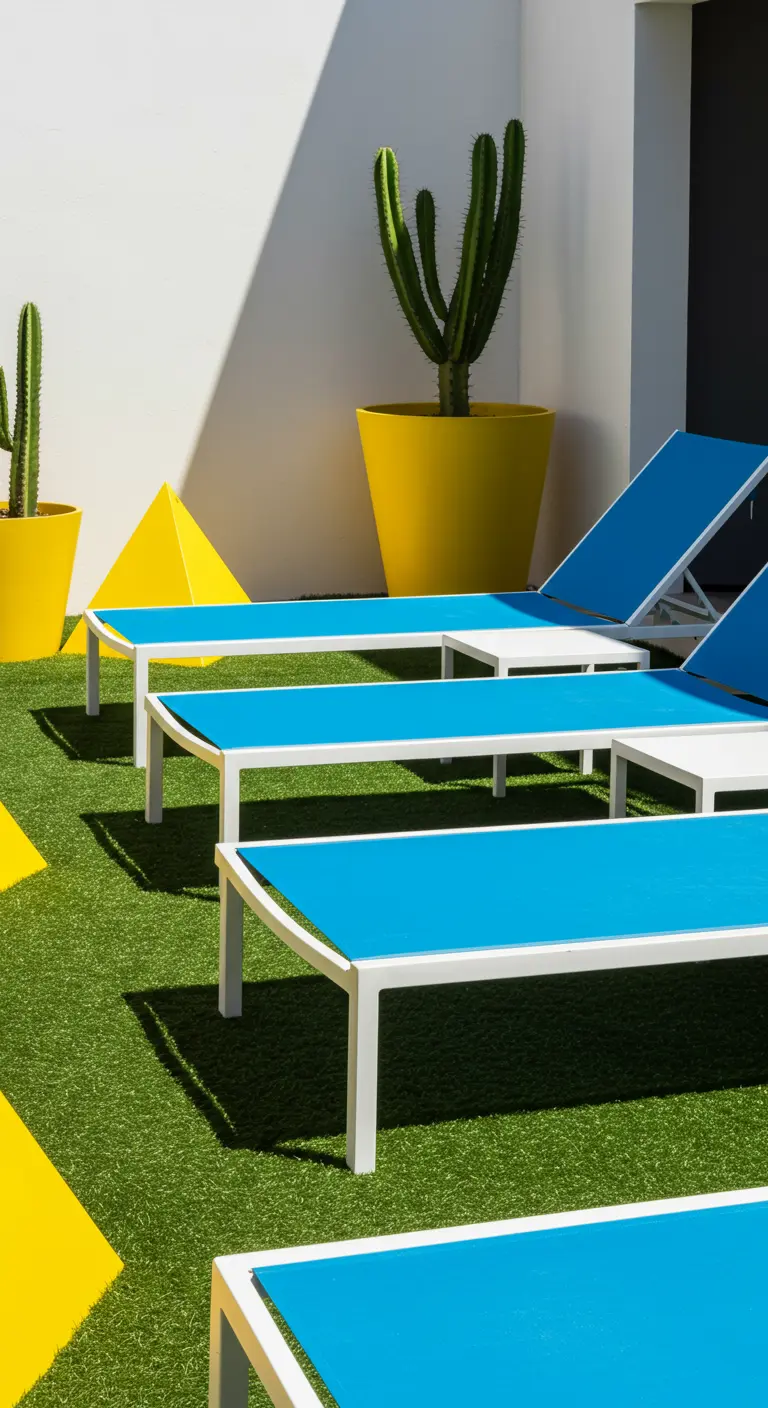 White and turquoise chaise lounges on green turf with bright yellow planters and pyramids.