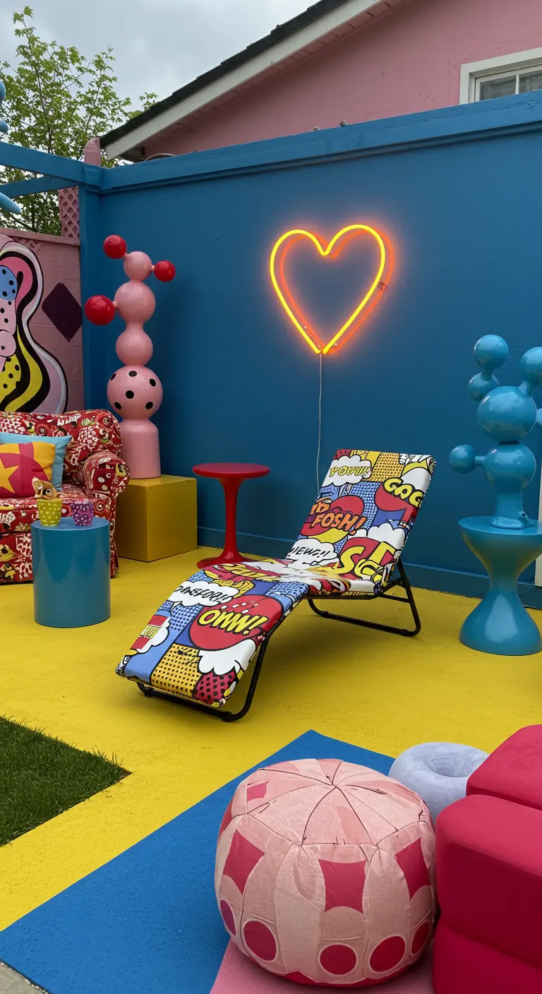 A pop-art print lounger on a brightly colored patio with an orange neon heart.