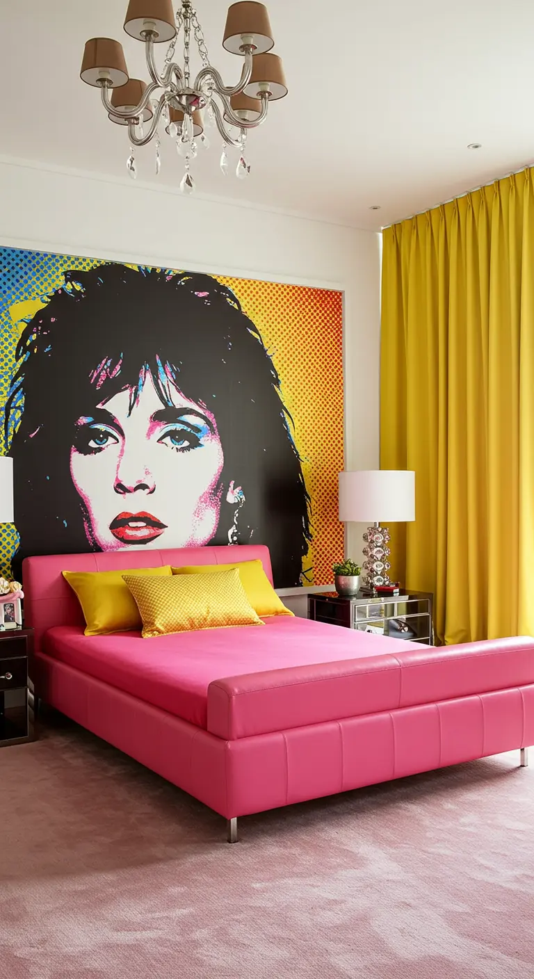Bedroom with a large pop-art portrait behind a bright pink bed.