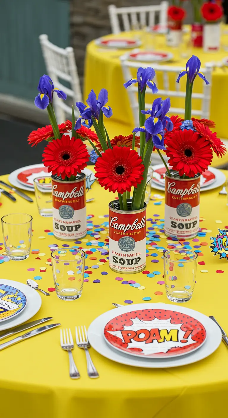 Pop Art themed table with flowers in Campbell's soup cans and comic plates.