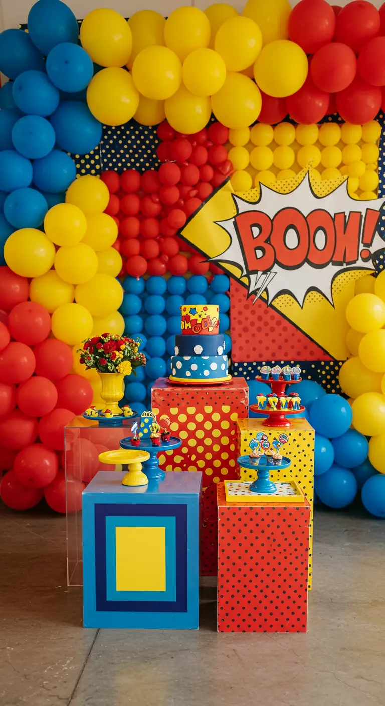 A colorful comic-book-themed party with primary color balloons and a