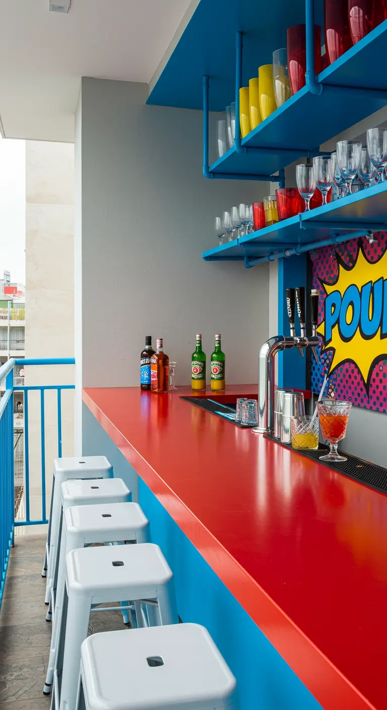 A brightly colored balcony bar with a red countertop, blue base, and pop art decor.