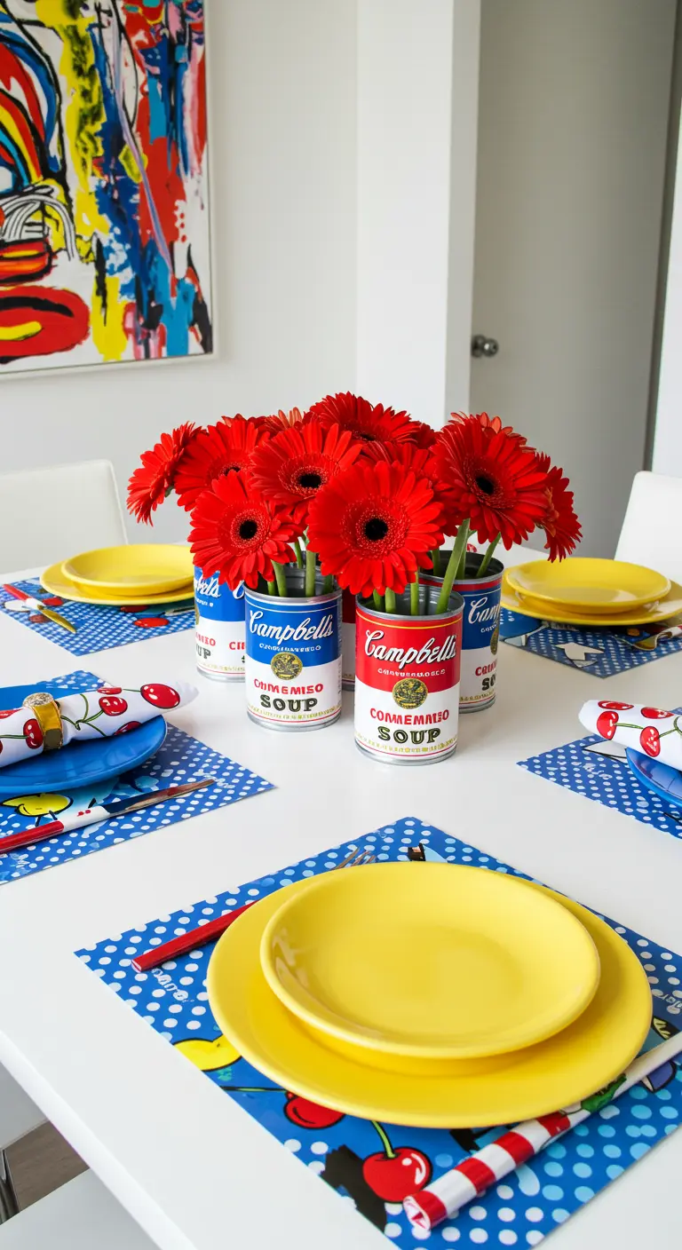 A pop-art themed table using Campbell's soup cans as vases for red daisies.