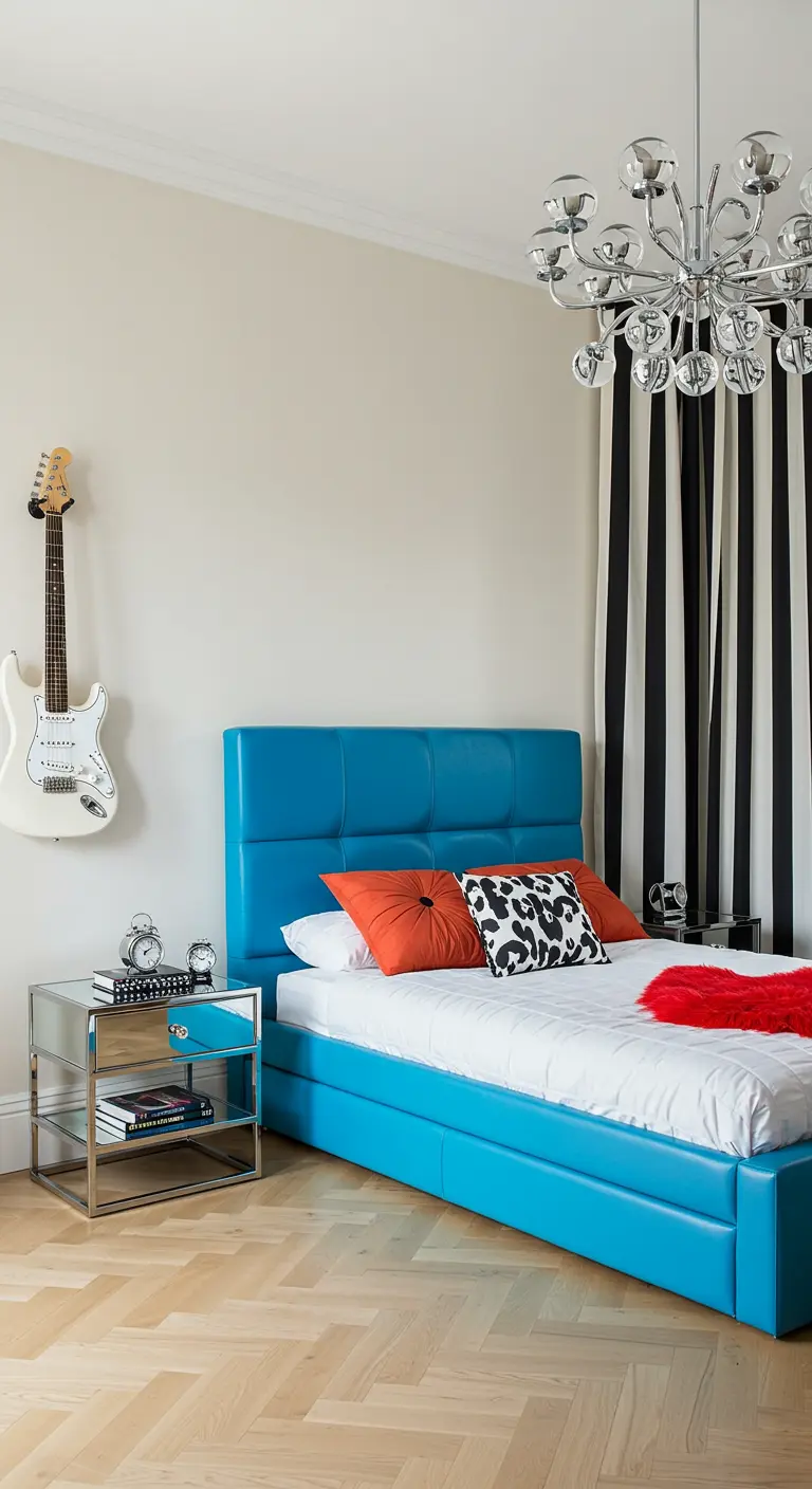 Bedroom with a bright blue bed, striped curtains, and mirrored nightstand.