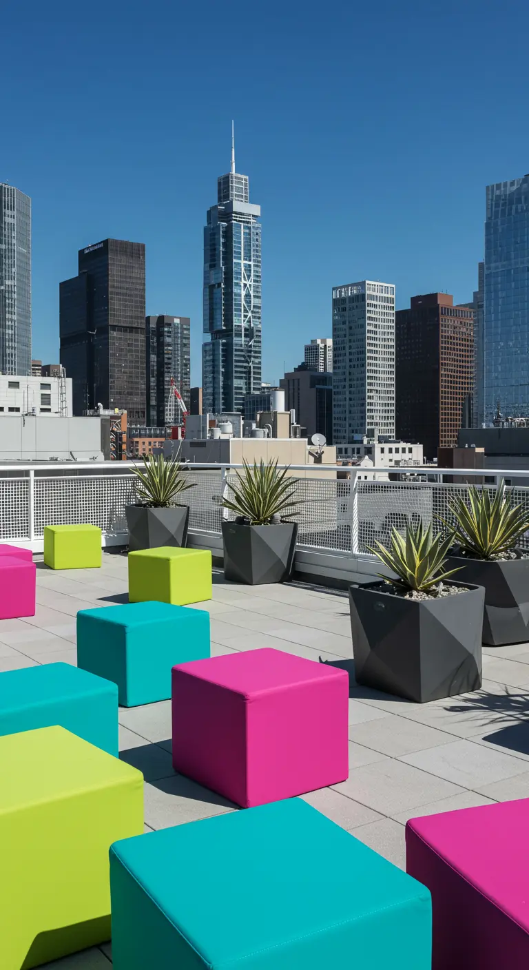 Sunny rooftop with bright pink, teal, and lime green block poufs and geometric planters.
