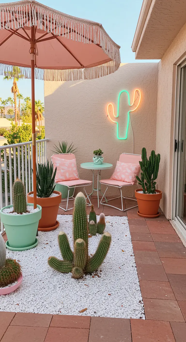 A chic balcony with a pink fringed umbrella, a cactus neon sign, and pastel decor.