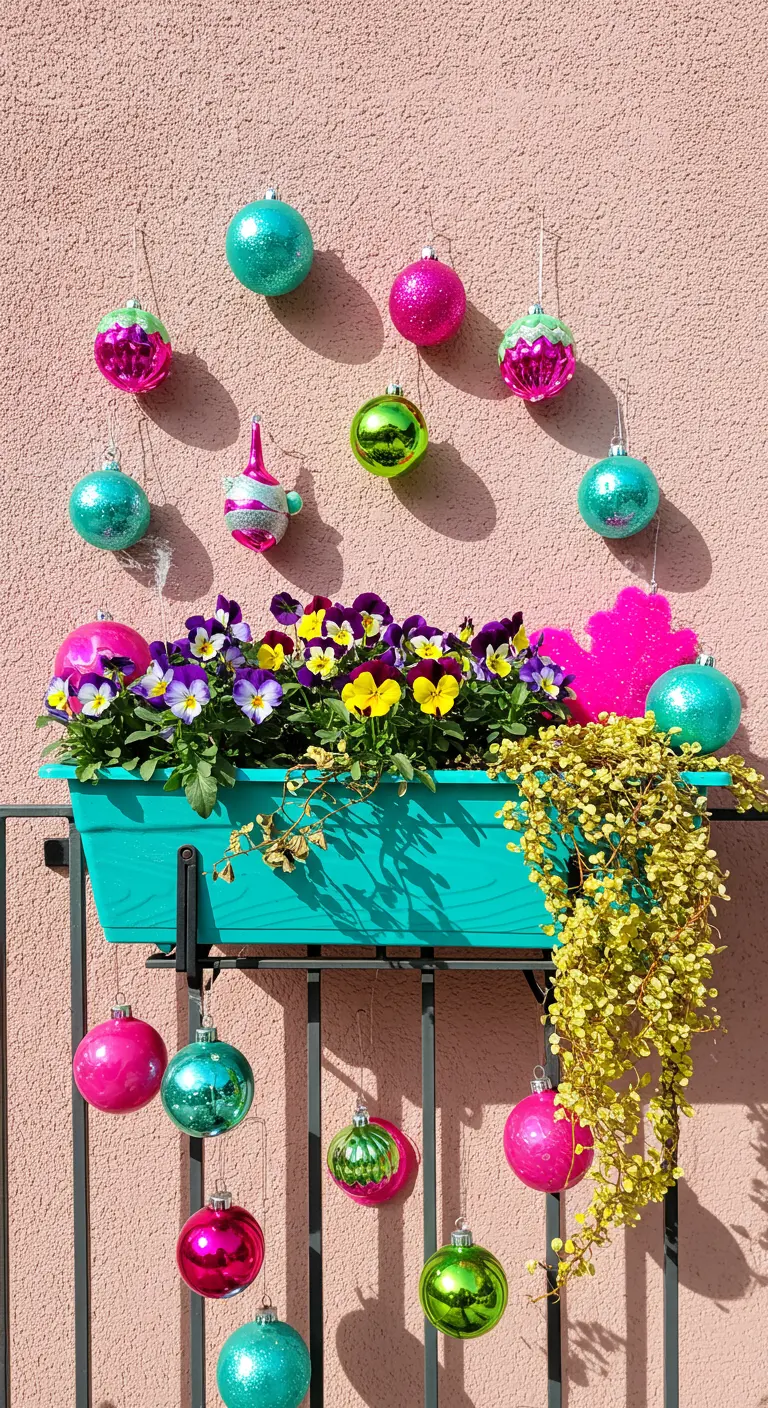 A turquoise window box with pansies and bright pink, green, and blue baubles.