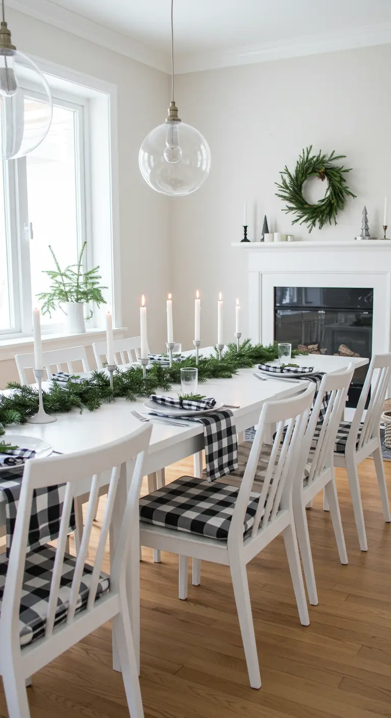 A bright, white dining room with bold black-and-white buffalo check cushions and napkins.
