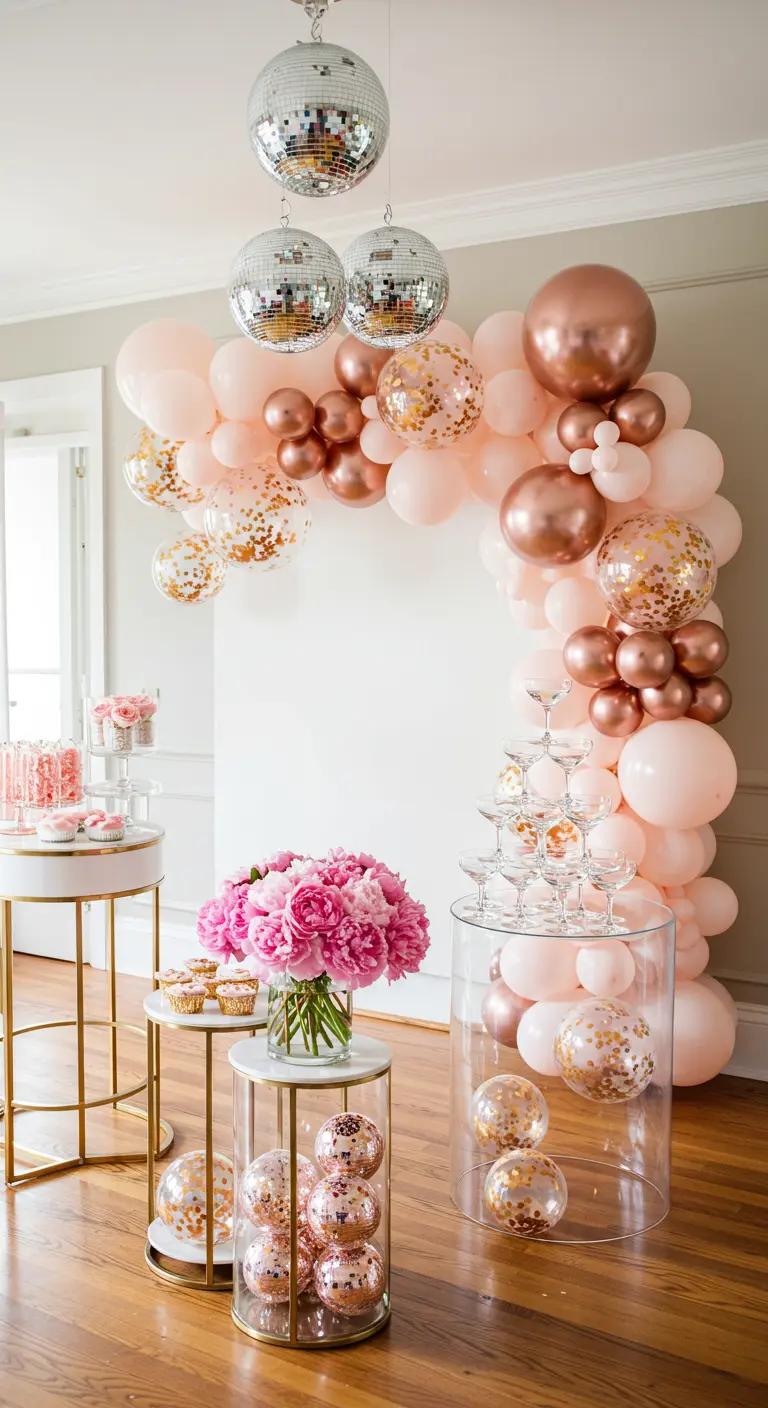A balloon arch in rose gold, blush, and confetti, framing a dessert station and champagne tower.