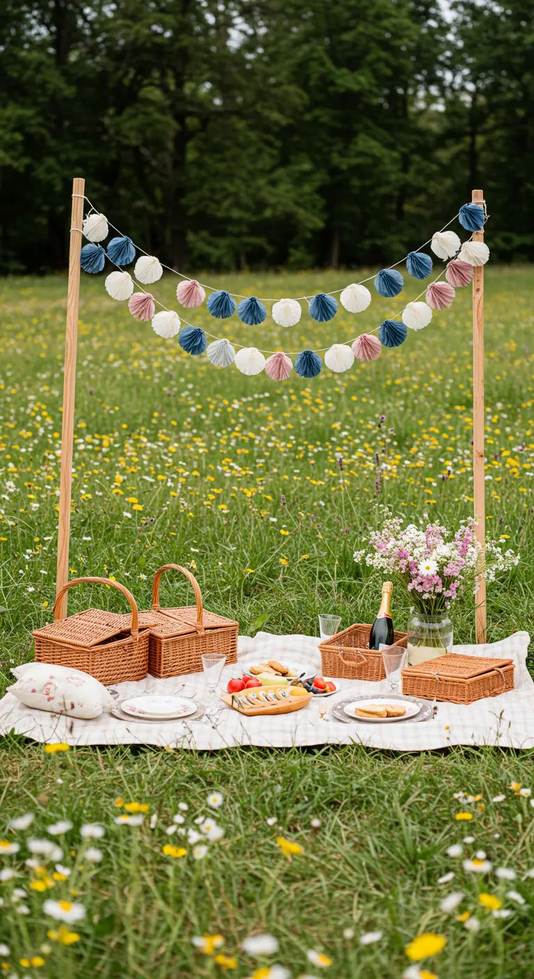 A freestanding garland with paper scallops hangs over a picnic blanket in a field of wildflowers.