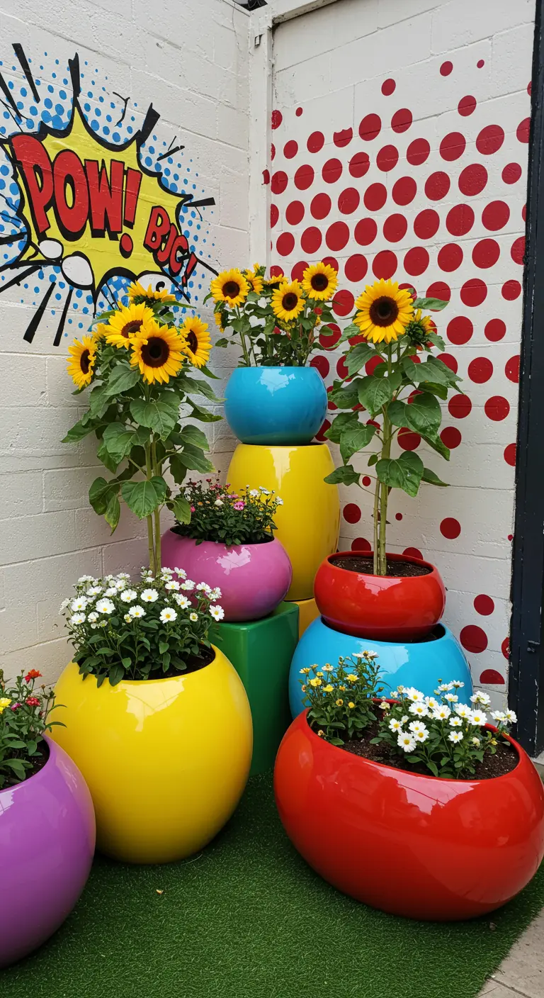 A pop-art themed garden corner with a polka-dot wall and brightly colored planters with sunflowers.