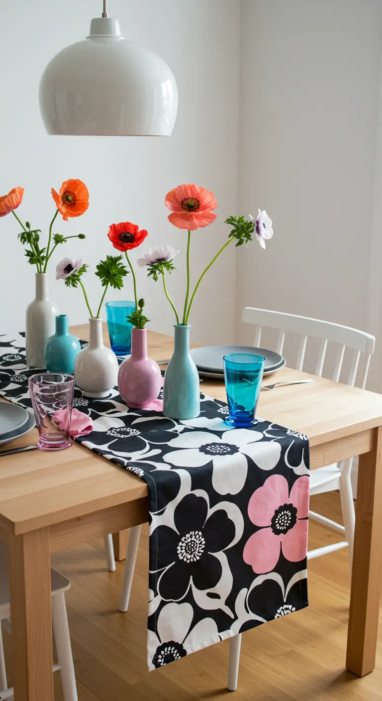 A Scandinavian-style table with a bold floral runner and individual poppies in small bud vases.