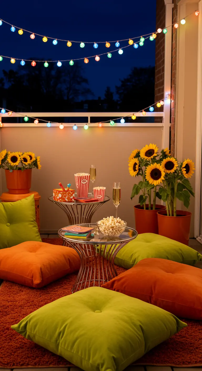 Balcony set up for movie night with colorful lights, bright cushions, and popcorn.