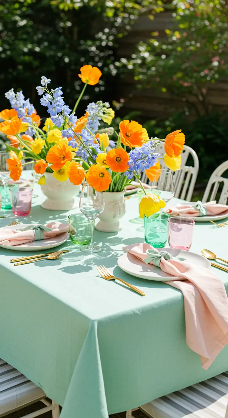 Table with a mint green cloth, bright orange poppies, and colorful glassware.