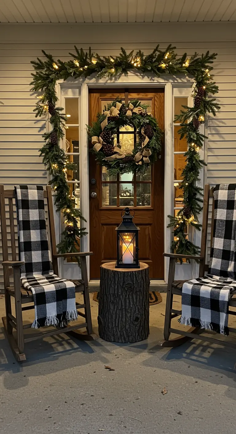 Festive front porch with rocking chairs, a lighted garland, and a lantern on a log.