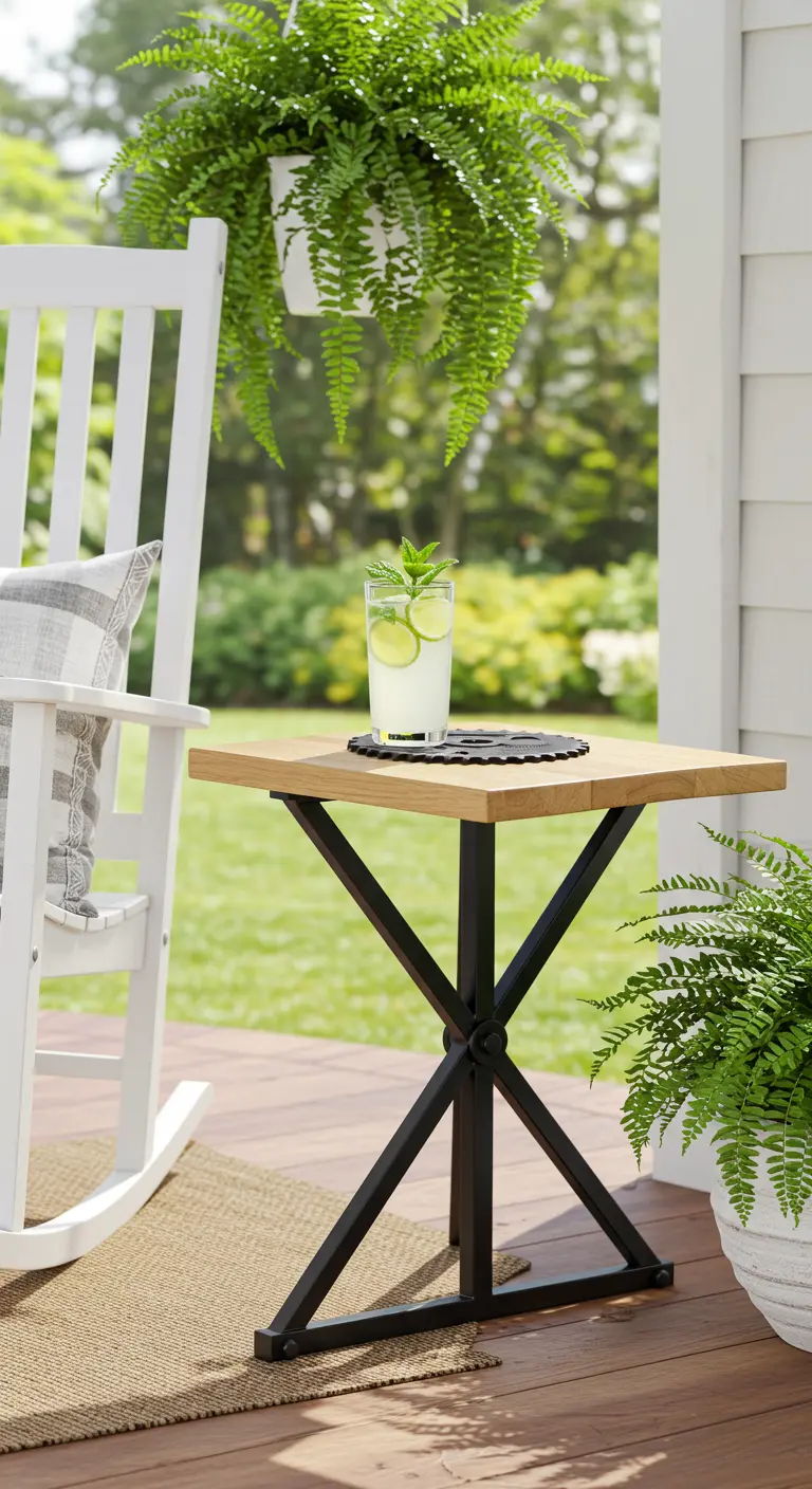 A black metal X-base side table with a gear at the joint, next to a white rocking chair.