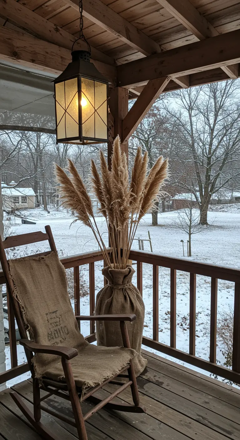 A rustic rocking chair on a porch next to a tall vase of pampas grass wrapped in burlap.