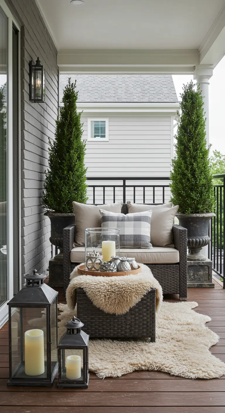 A classic porch with wicker furniture, a sheepskin on the ottoman, and plaid pillows.