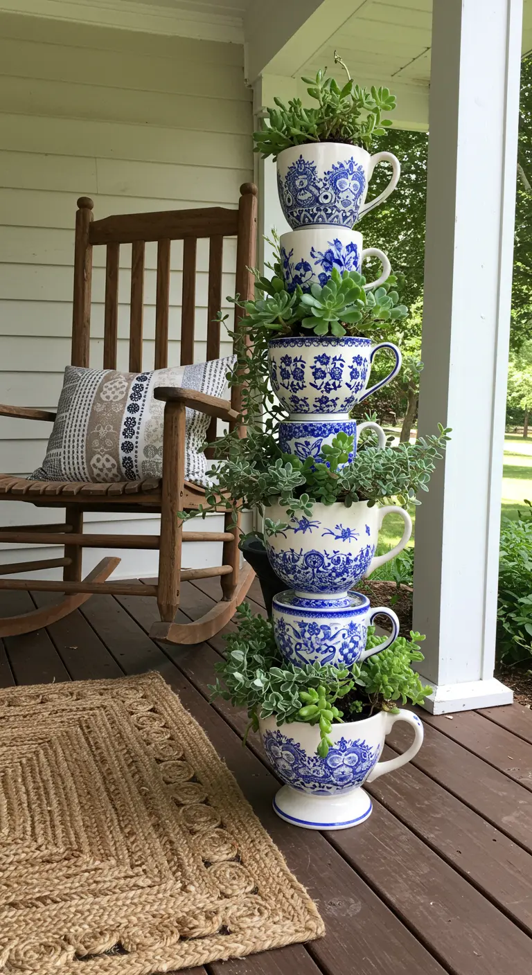Stacked blue and white patterned teacups filled with succulents on a wooden porch.