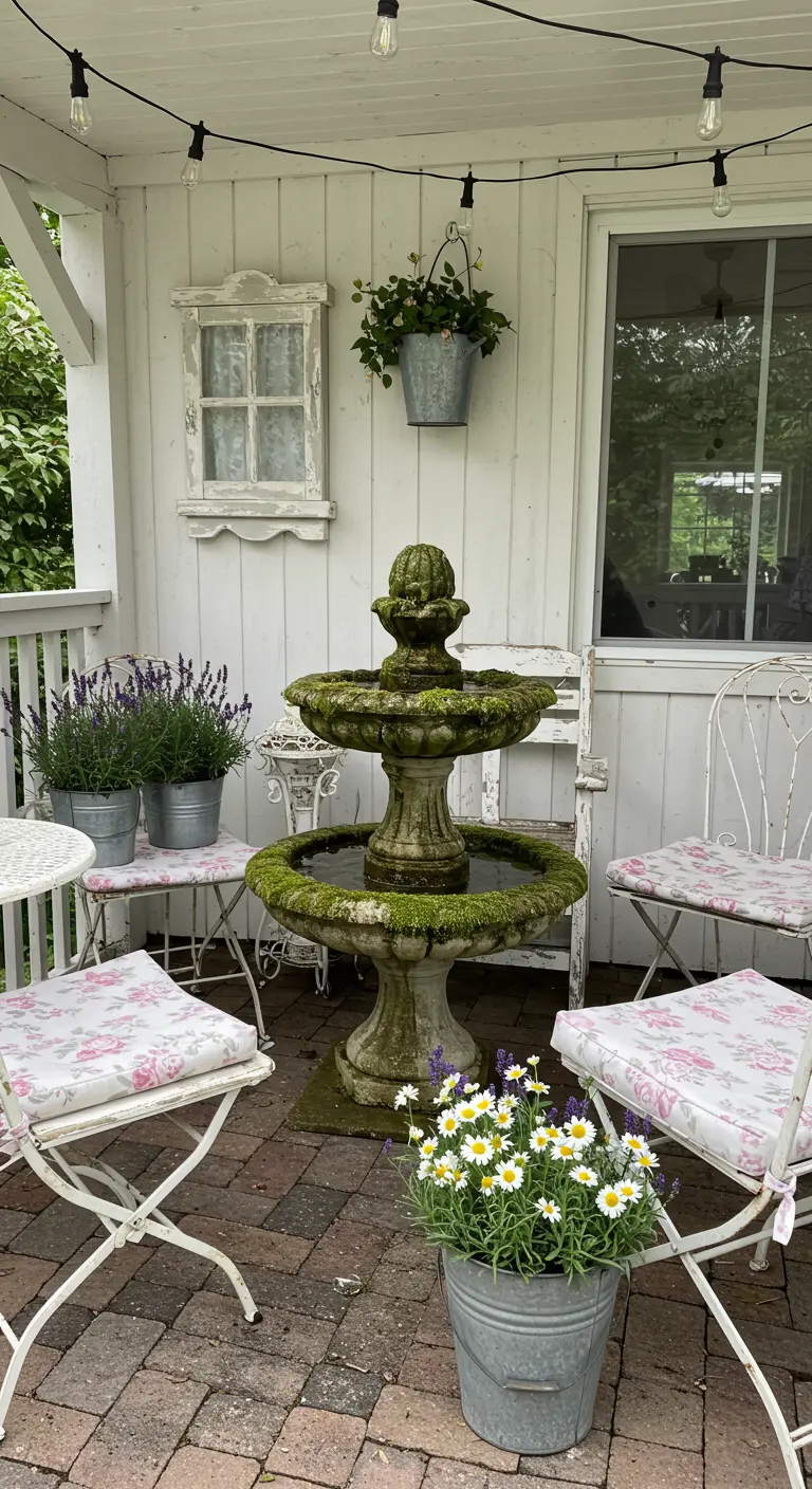 Mossy tiered fountain on a white cottage porch with potted lavender and daisies.