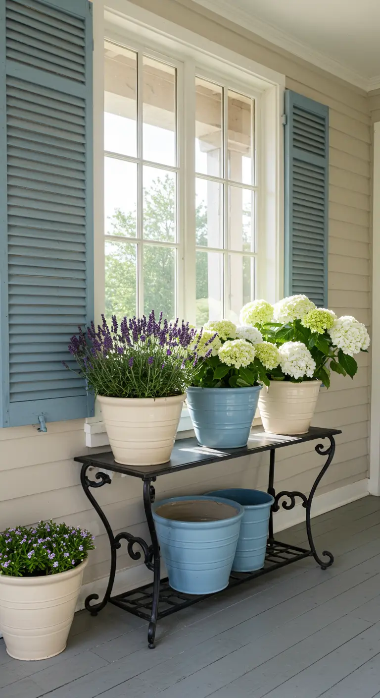 Blue and cream planters with lavender and hydrangeas on a porch with blue shutters.