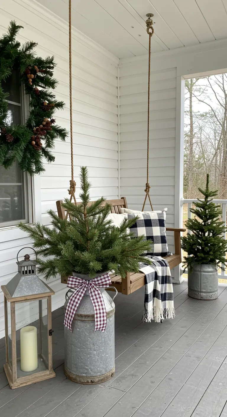 A porch swing with a plaid pillow, next to a tree in a milk can and a lantern.
