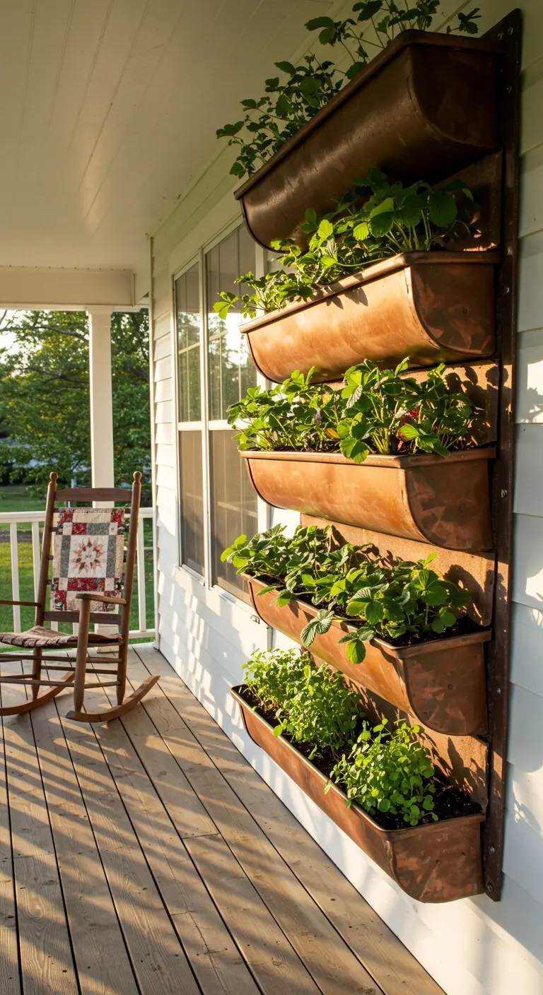 Copper vertical planter with strawberries and greens on a porch