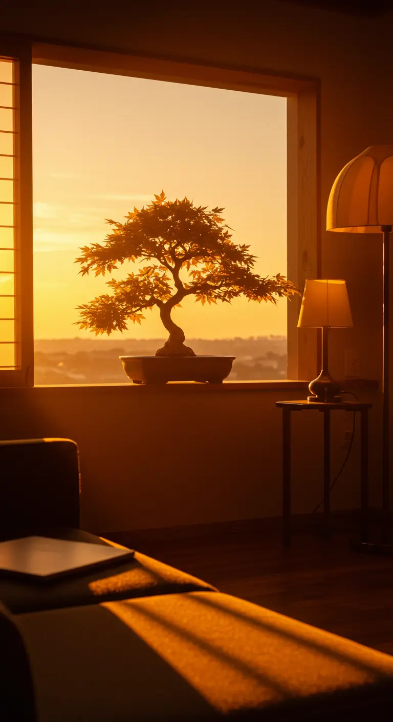 A bonsai tree silhouetted on a windowsill against a brilliant orange sunset.