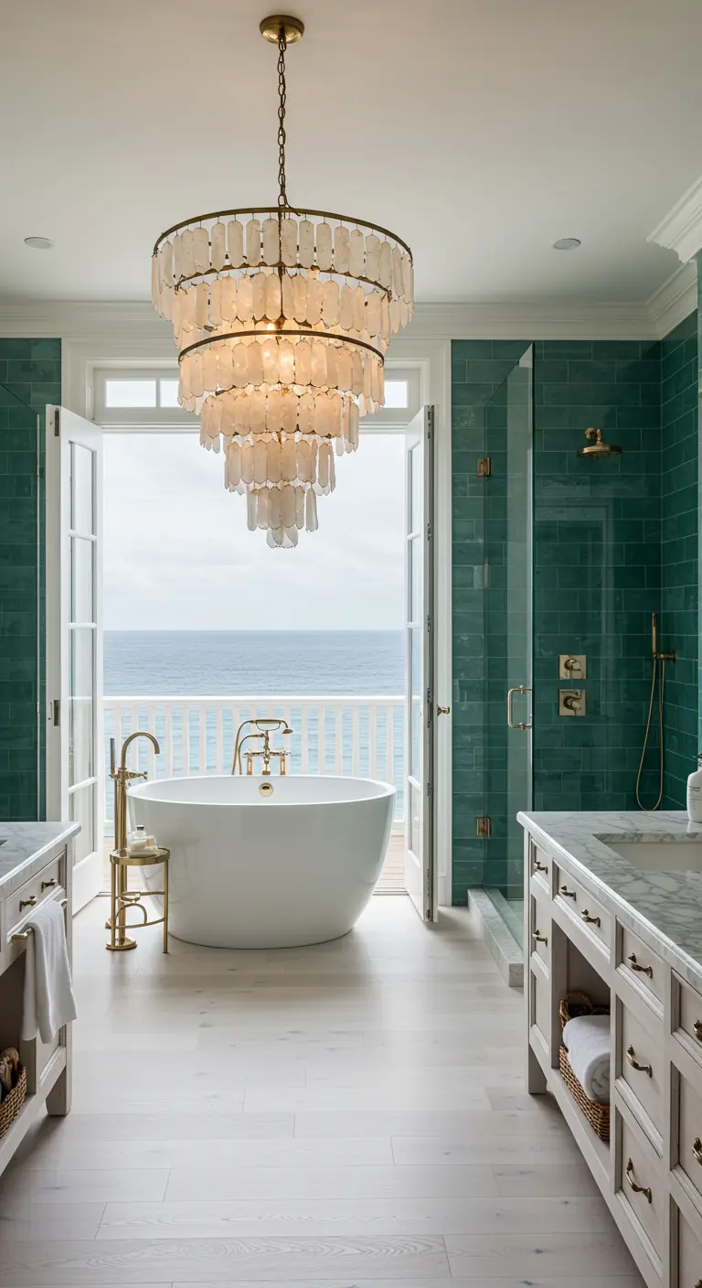 Bathroom with freestanding tub in front of open doors to an ocean balcony.