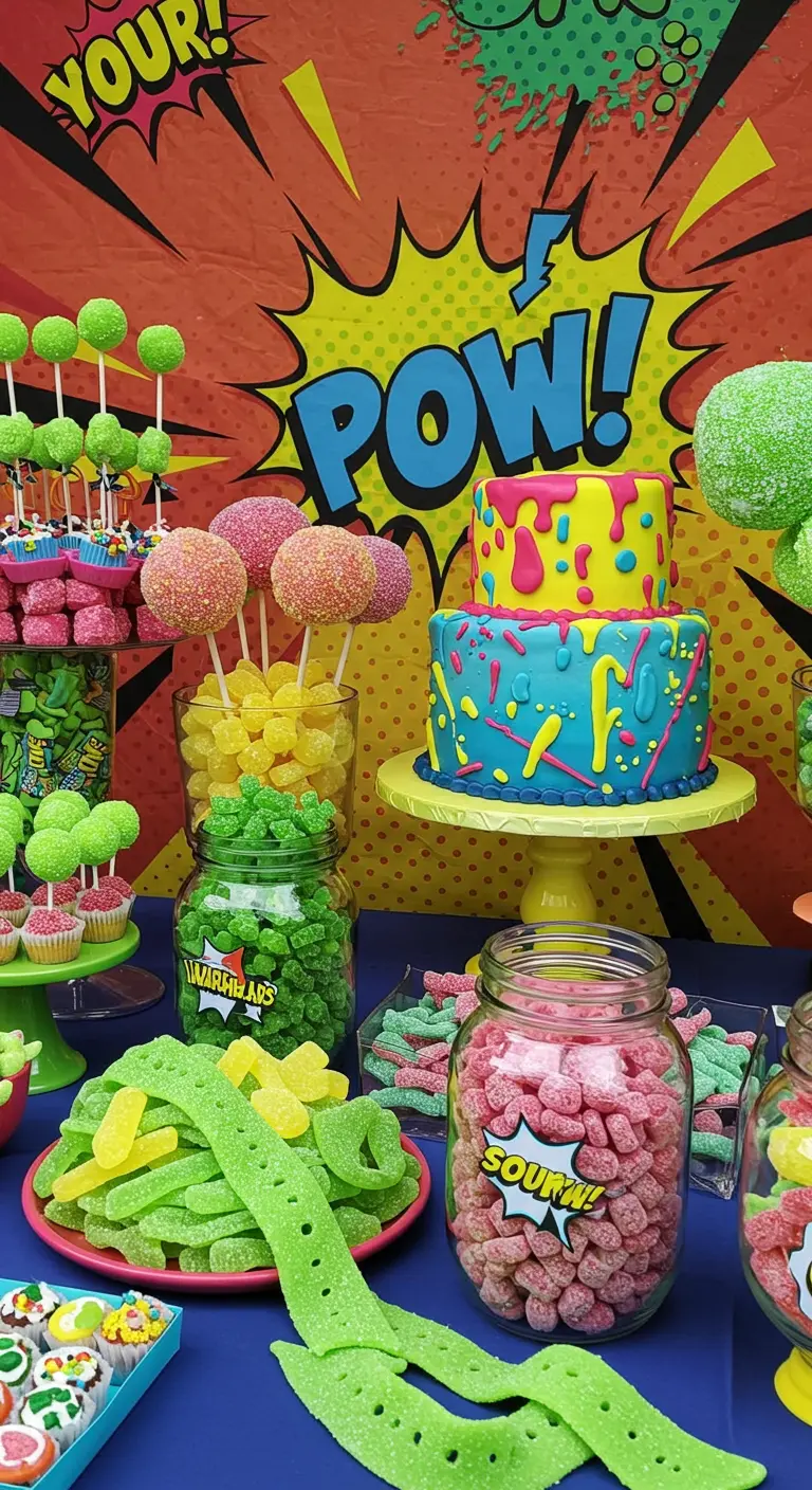 Sour candy dessert table with a colorful comic book 'POW!' backdrop.