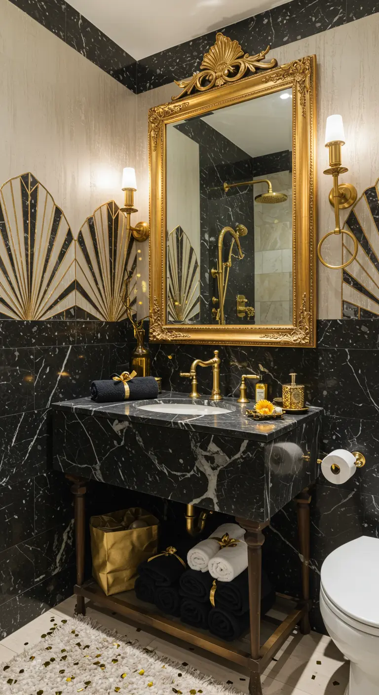 A glamorous Art Deco bathroom with black marble, gold fixtures, and a fan-patterned tile backsplash.