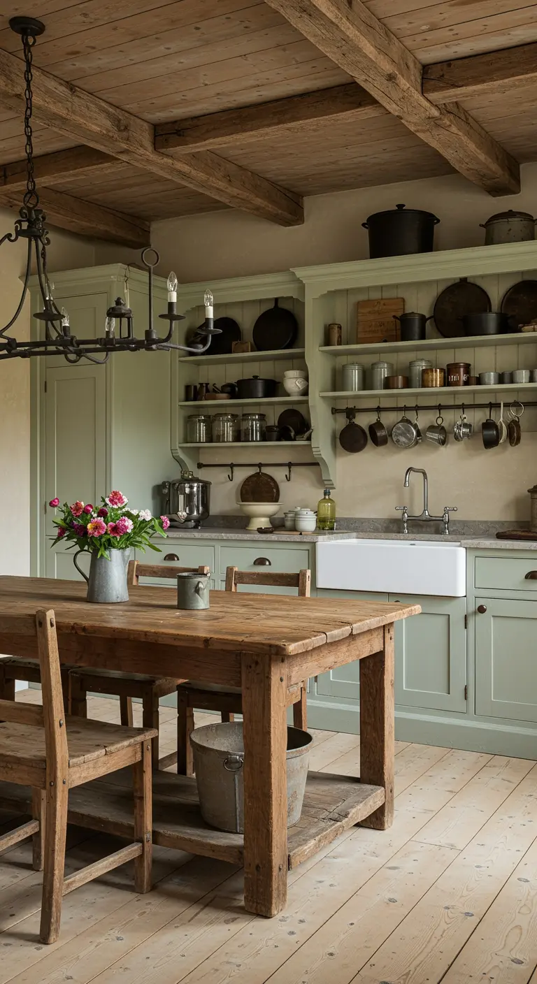 A Country French kitchen with light green cabinets, a wooden farm table, and a hanging pot rack.