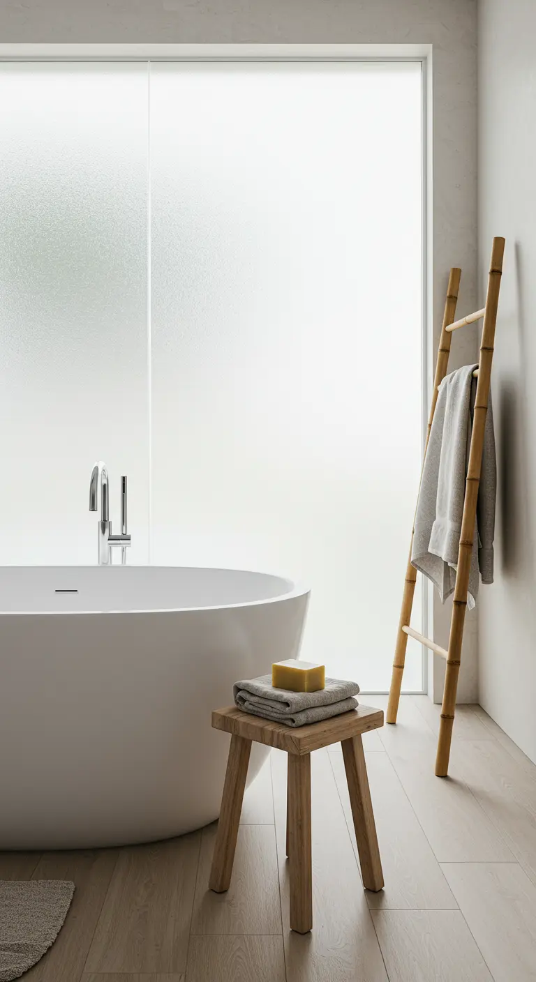 Minimalist bathroom with a freestanding tub, a bamboo ladder for towels, and a small wooden stool.
