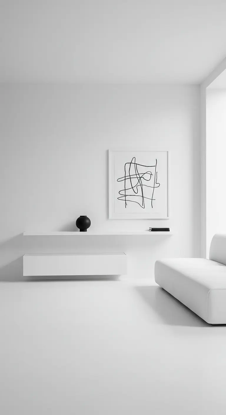 A single white floating shelf with a black vase and book under minimal line art.