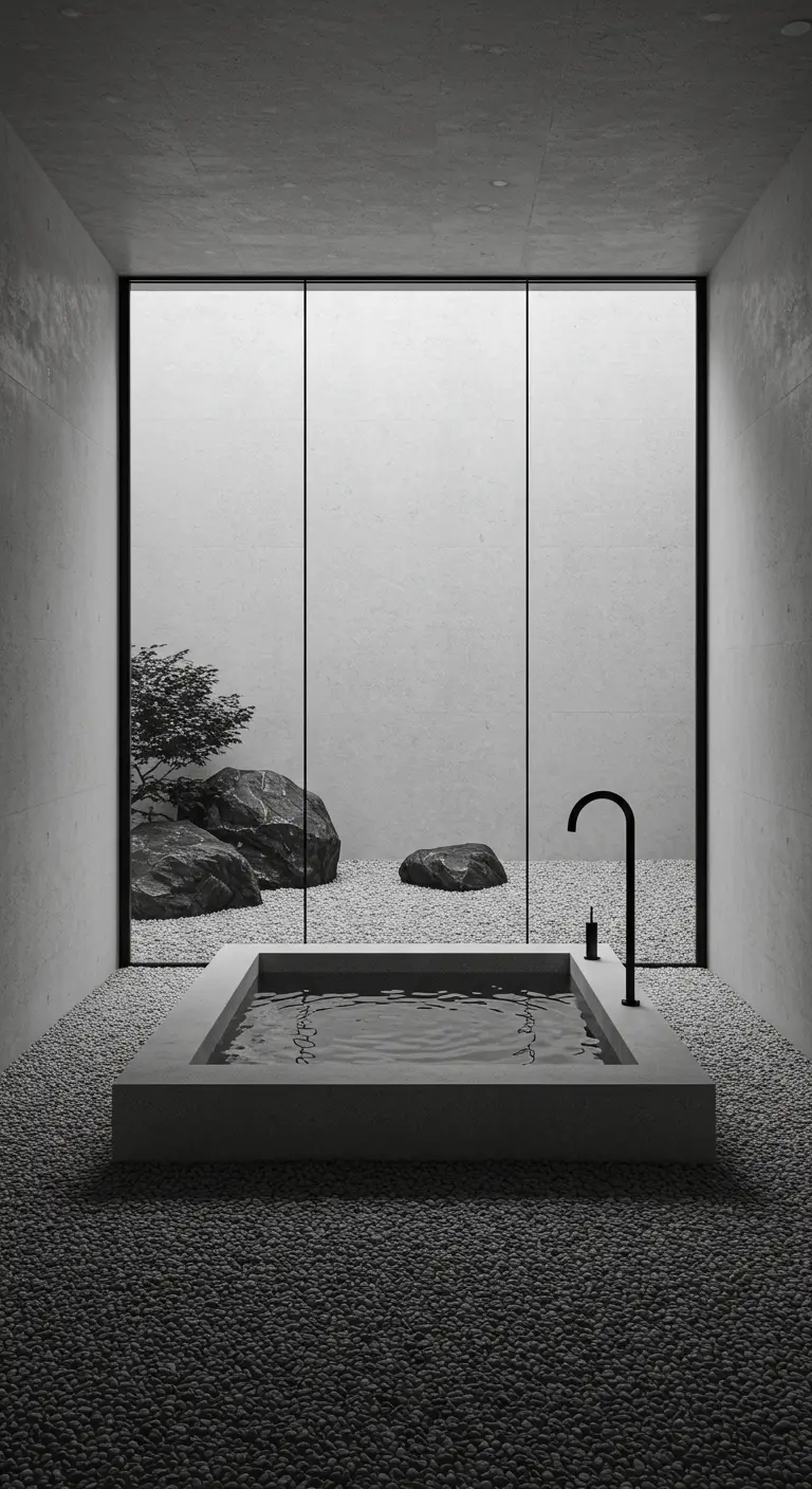 A stark, minimalist bathroom with a concrete tub looking out onto a Japanese rock garden.