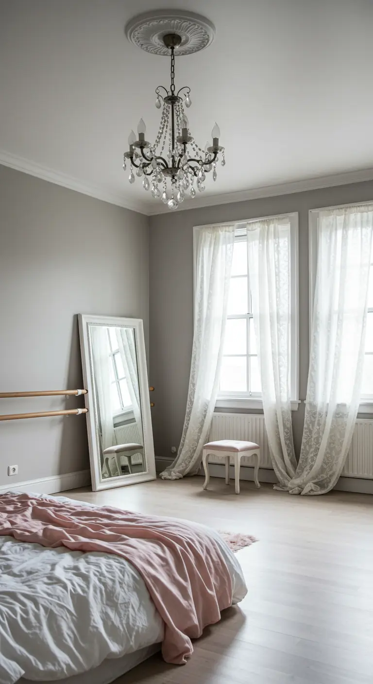 Minimalist gray room with a floor mirror, ballet barre, and a pink throw on the bed.