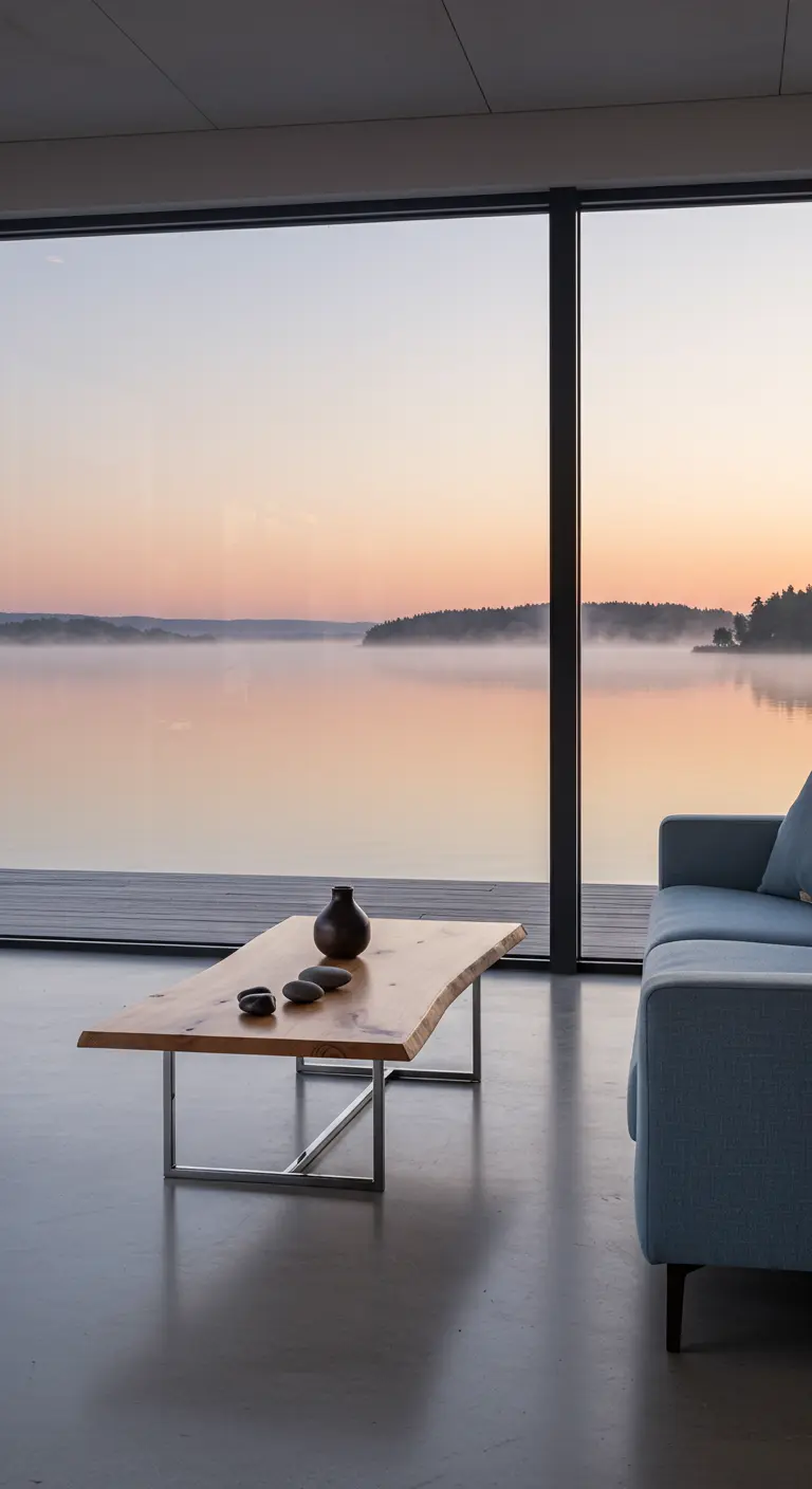 Minimalist living room with a simple sofa and a live-edge table overlooking a misty lake.