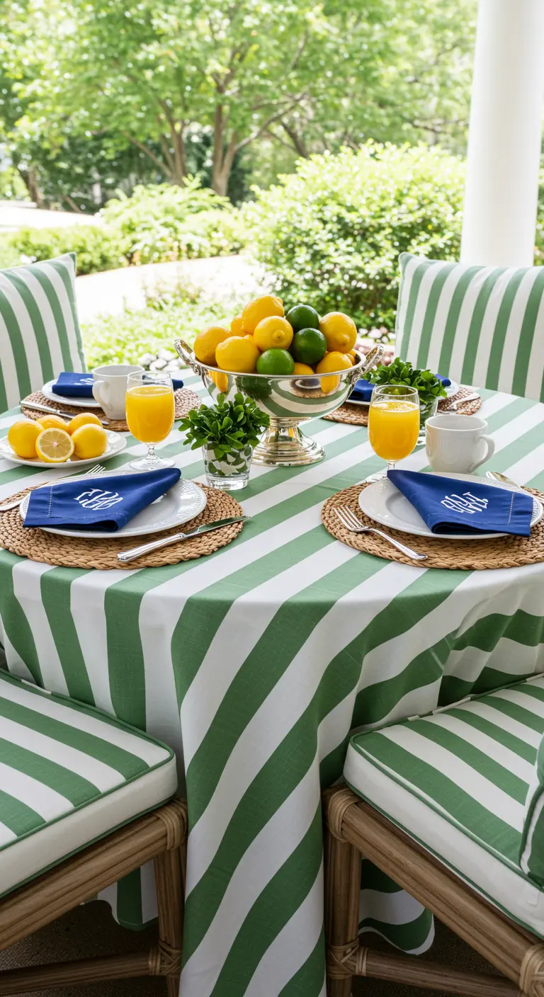 A patio table with a green-and-white striped tablecloth and a silver bowl of citrus.