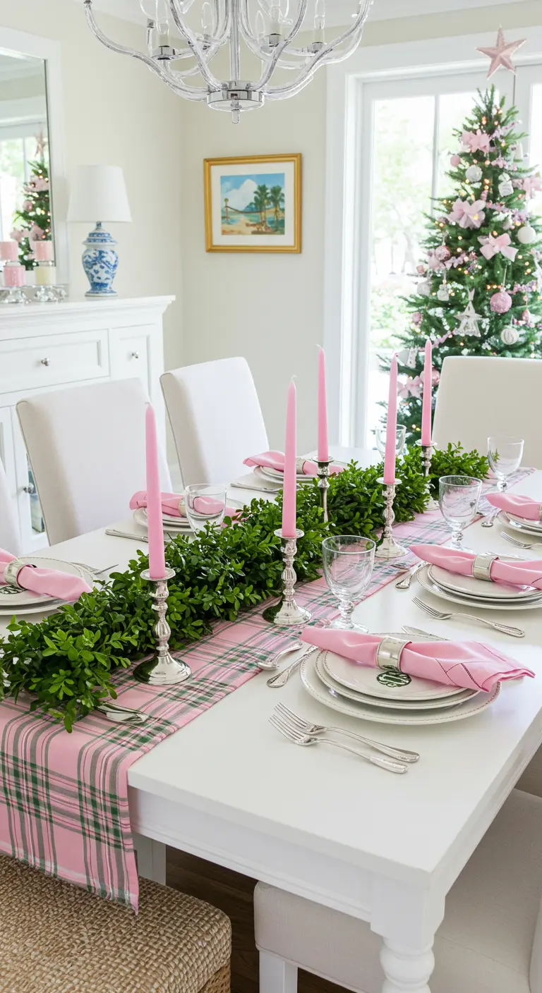 Preppy Christmas table with a pink and green plaid runner, boxwood garland, and pink candles.