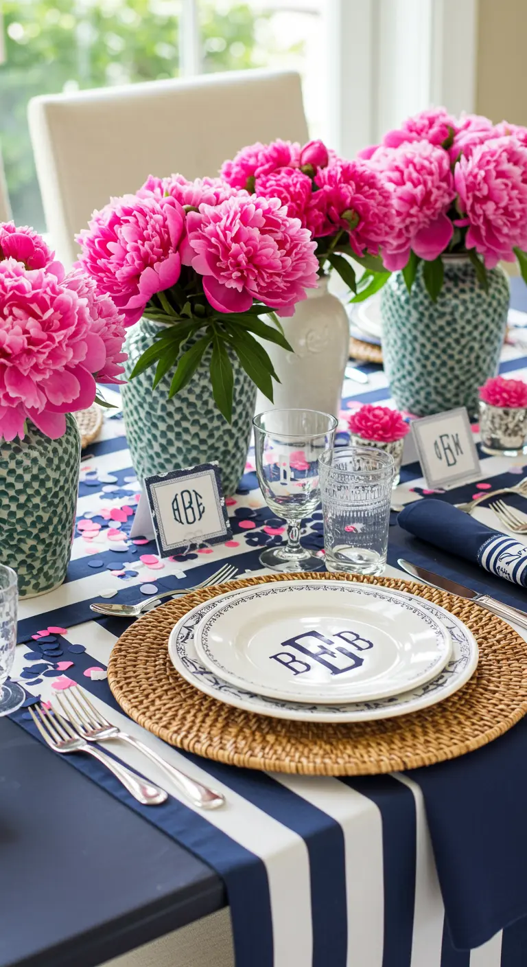 Preppy tablescape with pink peonies, a navy striped runner, and monograms.