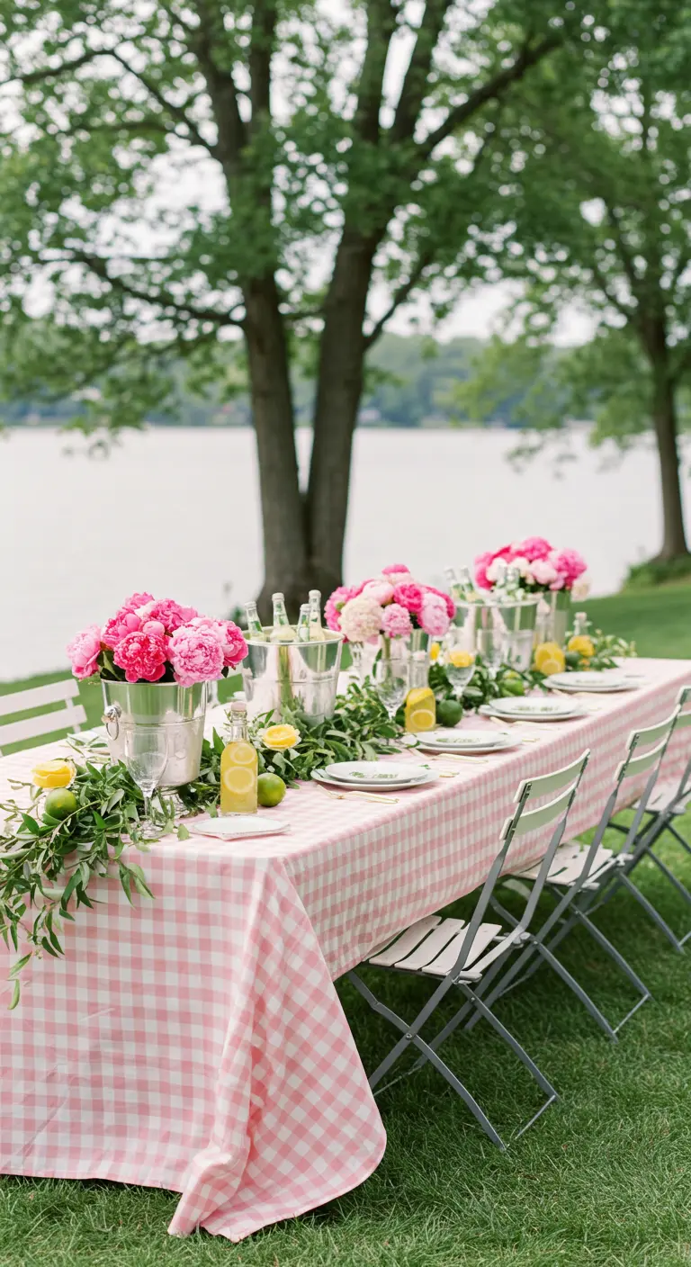 A lakeside table with a pink gingham tablecloth and peonies in ice buckets as centerpieces.