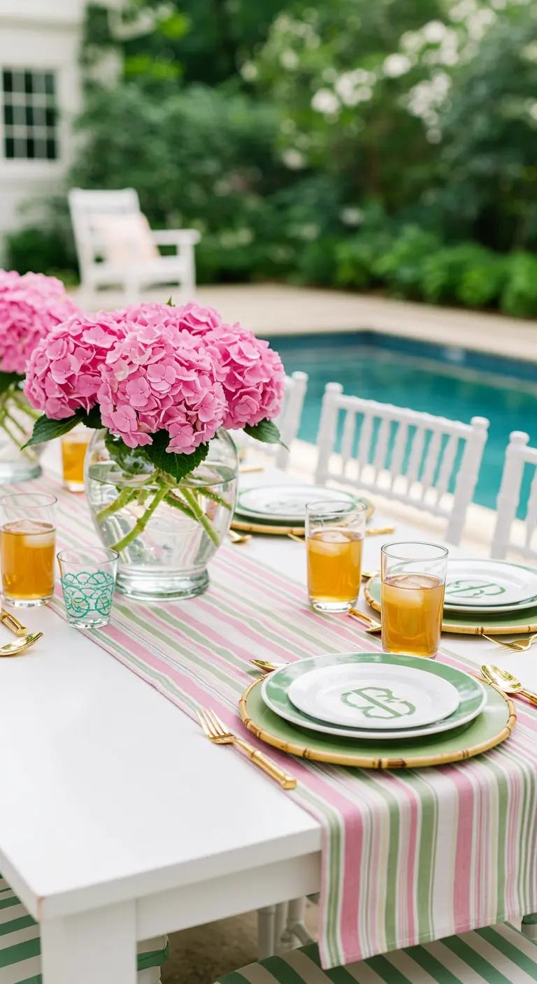 Poolside table with a pink and green striped runner and a large vase of pink hydrangeas.